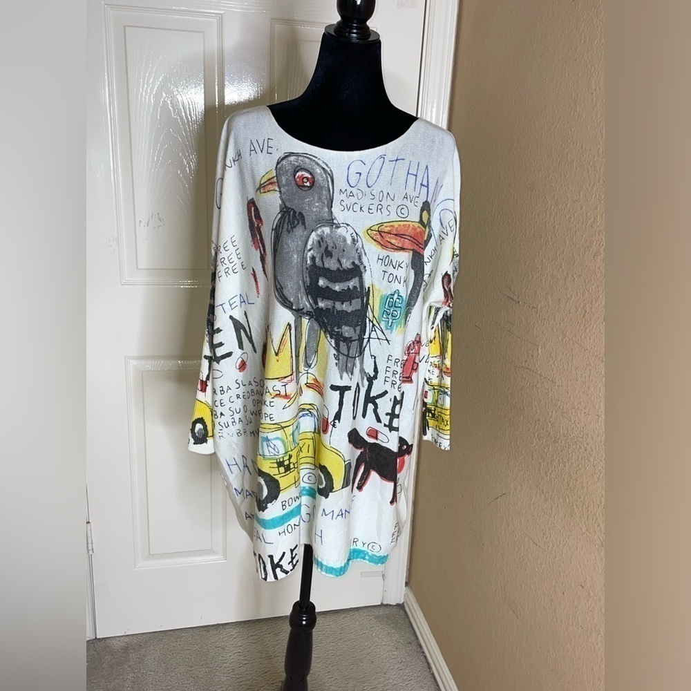 Ellazhu Sweater Womens One Size Gray Graffiti Graphic All Over Print Pullover - Picture 9 of 11